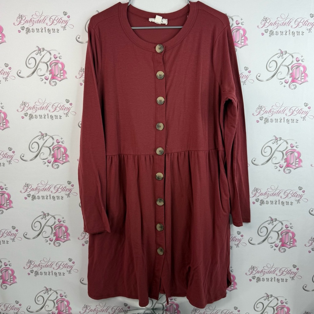 Zenana Outfitters dress buttons flowy red orange rusty Burgundy Midi Dress